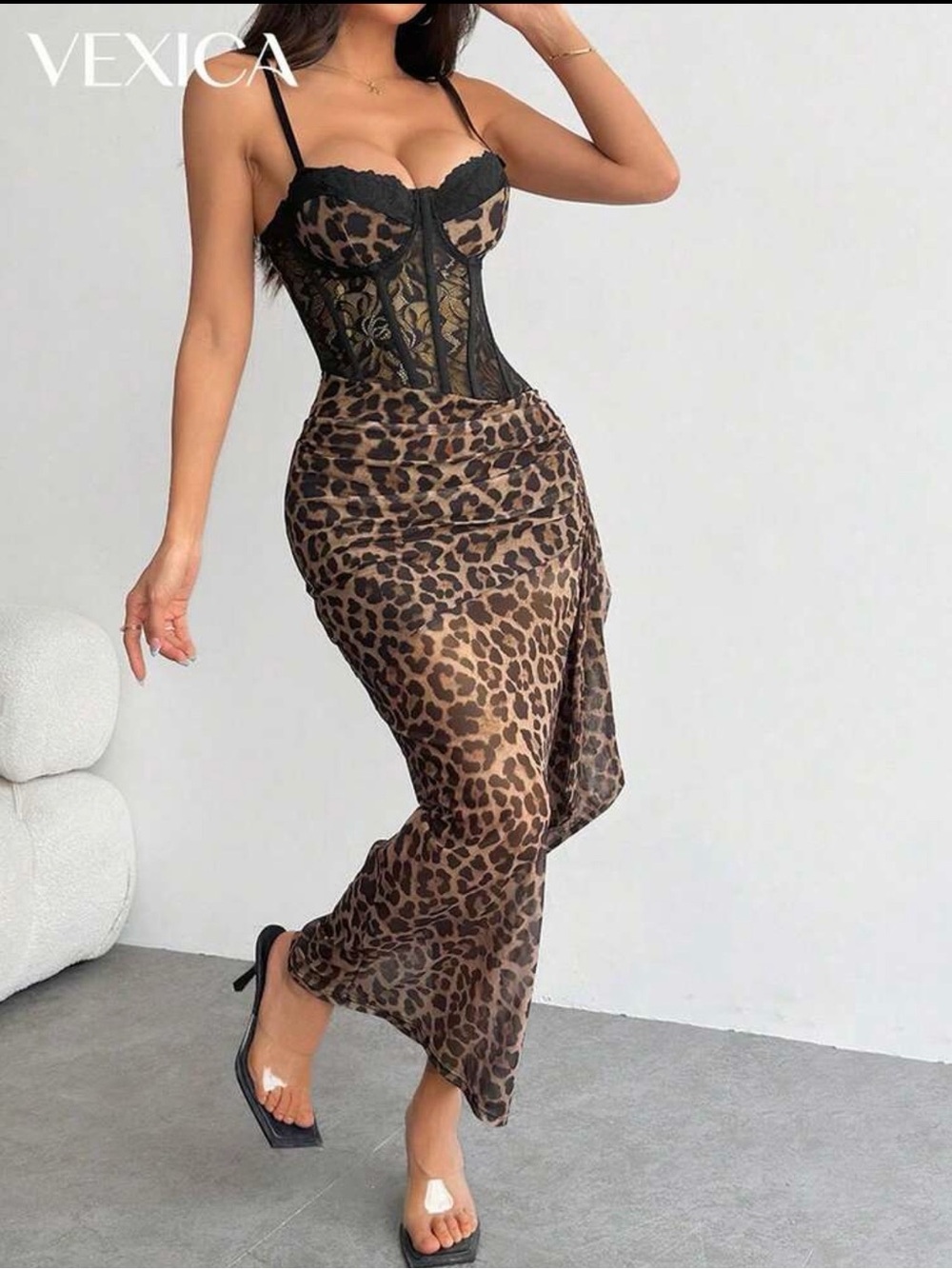 Leopard Print Sheer Slip Dress with Lace Corset